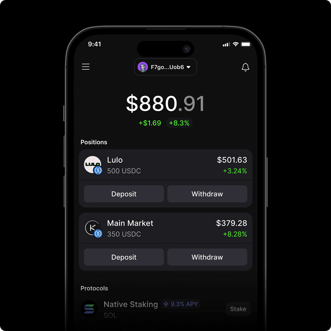 Protocol integration example showing staking interface